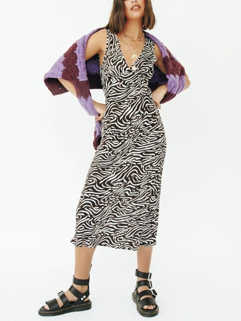 VRG GRL Wine At Sunset Bias Cut Midi Dress - Brown/Cream - Size US 6 / AUS 10